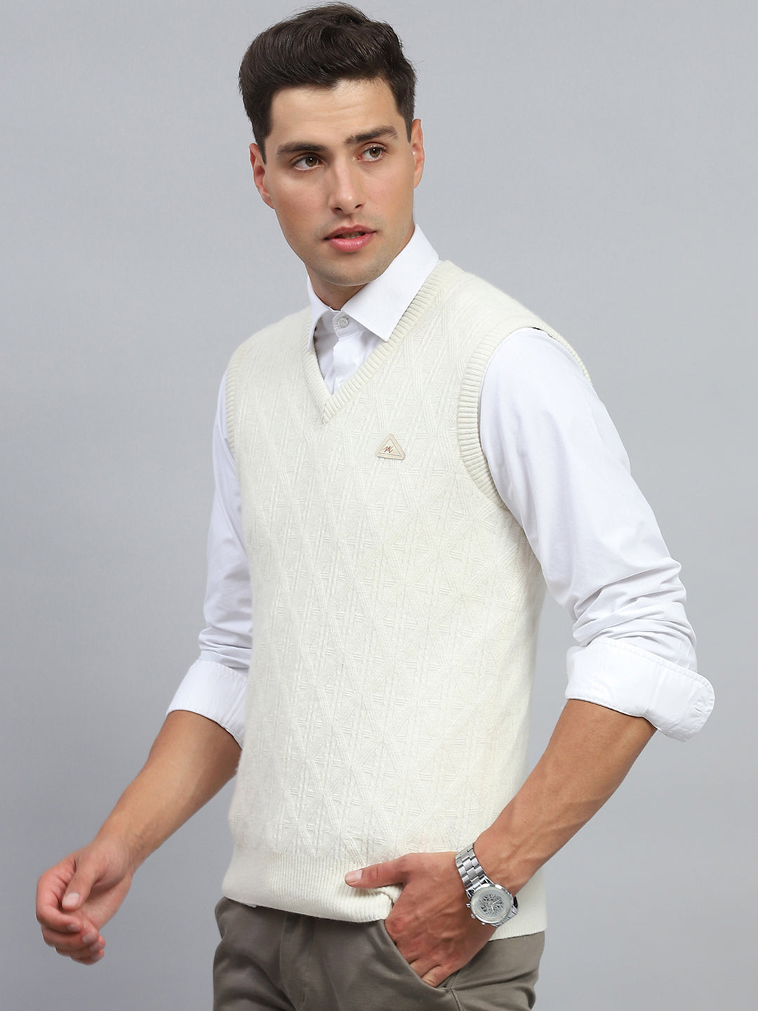 Men White Self Design V Neck Sleeveless Sweater