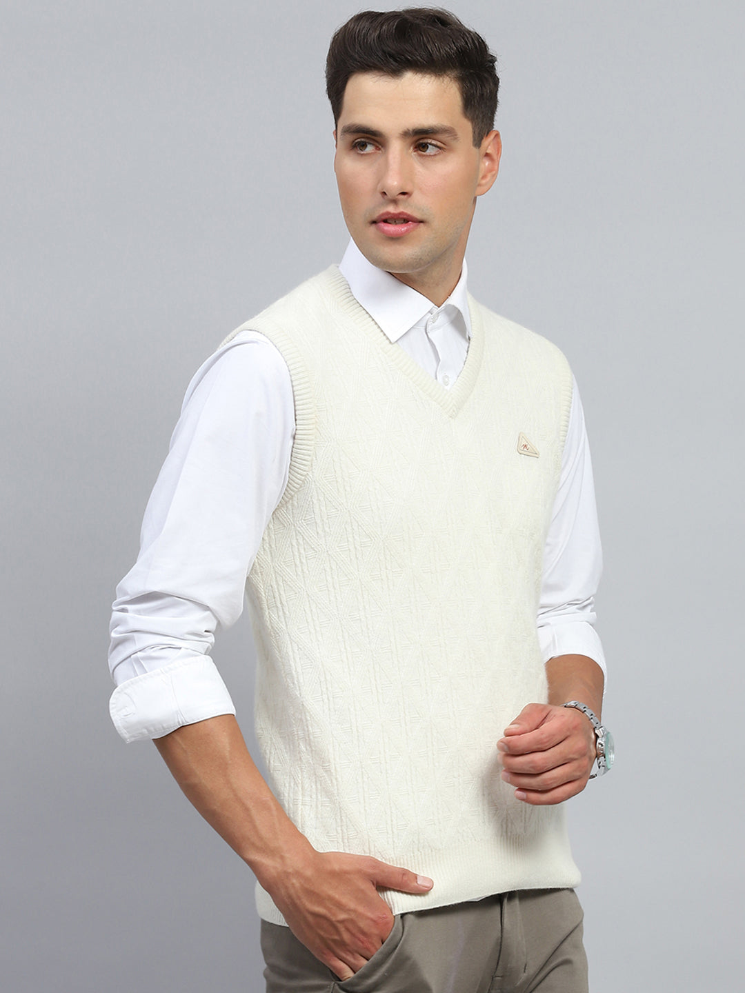 Men White Self Design V Neck Sleeveless Sweater