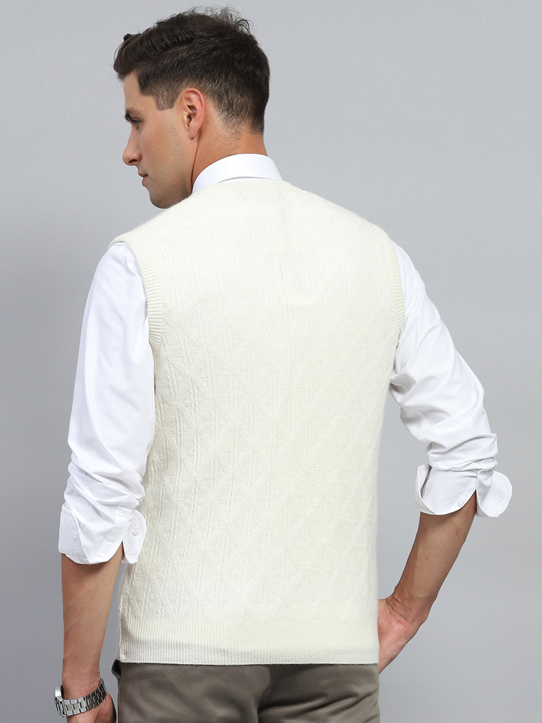 Men White Self Design V Neck Sleeveless Sweater