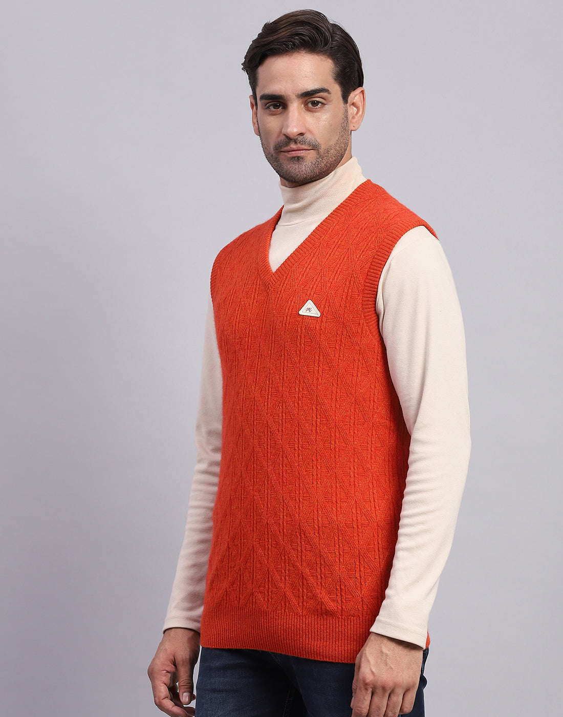 Men Orange Self Design V Neck Sleeveless Sweater