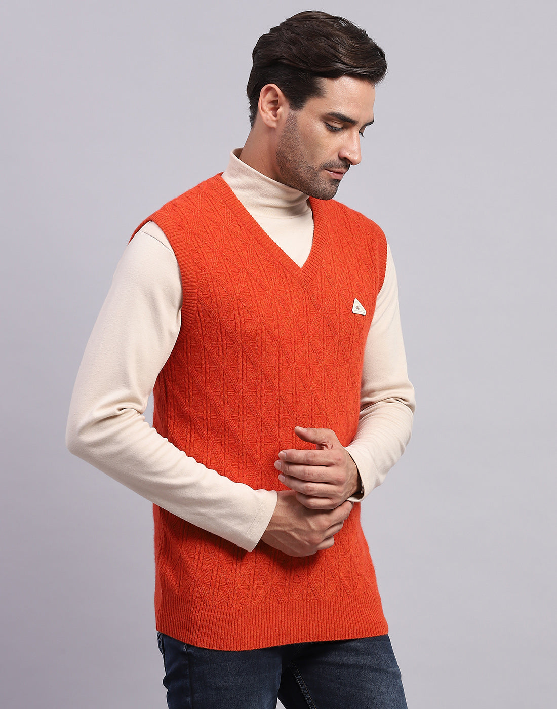 Men Orange Self Design V Neck Sleeveless Sweater