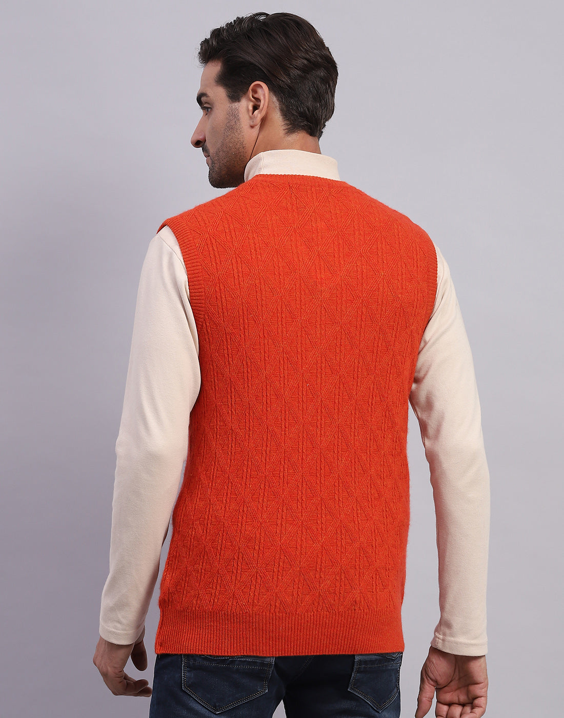 Men Orange Self Design V Neck Sleeveless Sweater