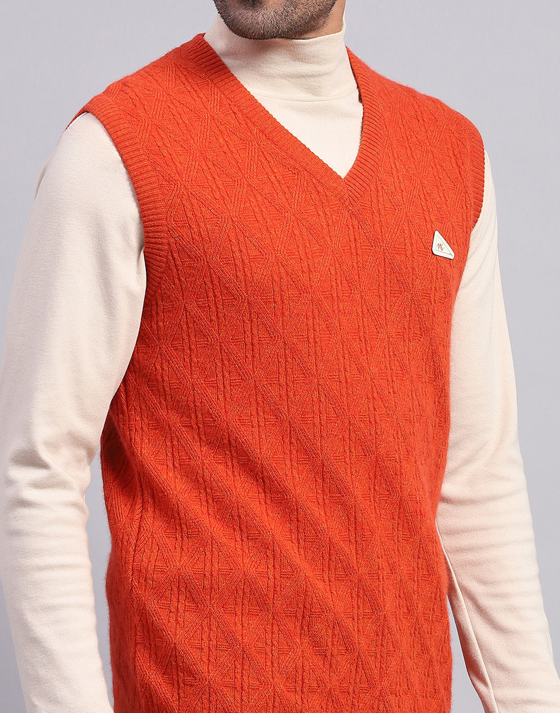 Men Orange Self Design V Neck Sleeveless Sweater