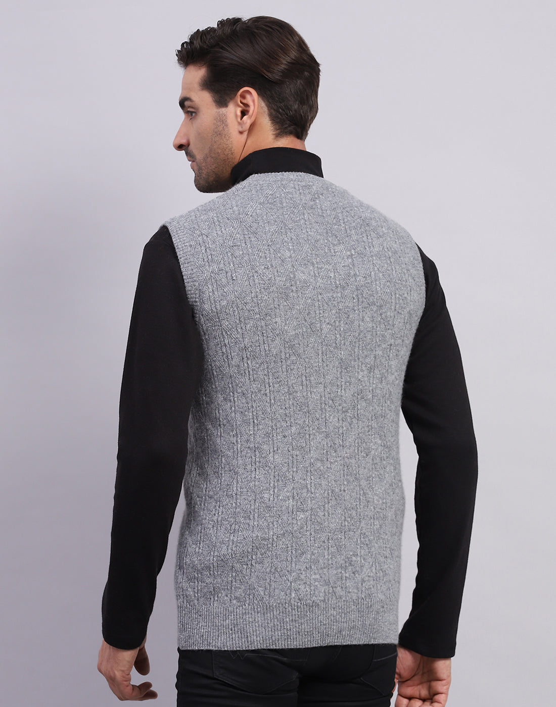 Men Grey Self Design V Neck Sleeveless Sweater