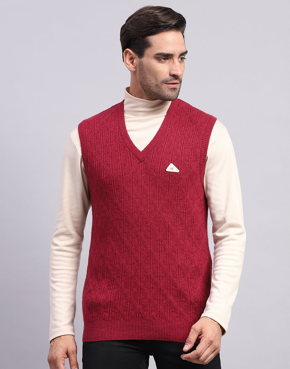 Men Maroon Self Design V Neck Sleeveless Sweater