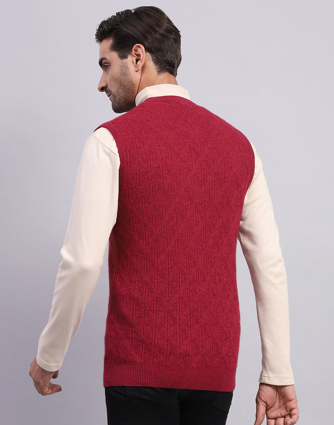 Men Maroon Self Design V Neck Sleeveless Sweater