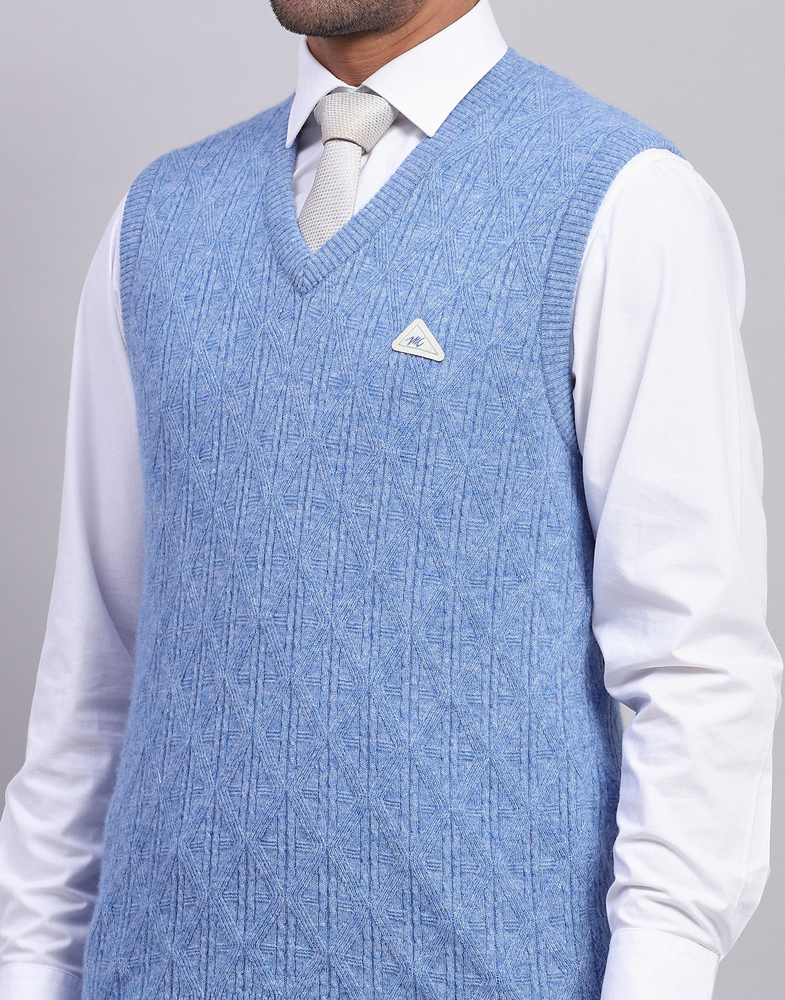 Men Blue Self Design V Neck Sleeveless Sweater