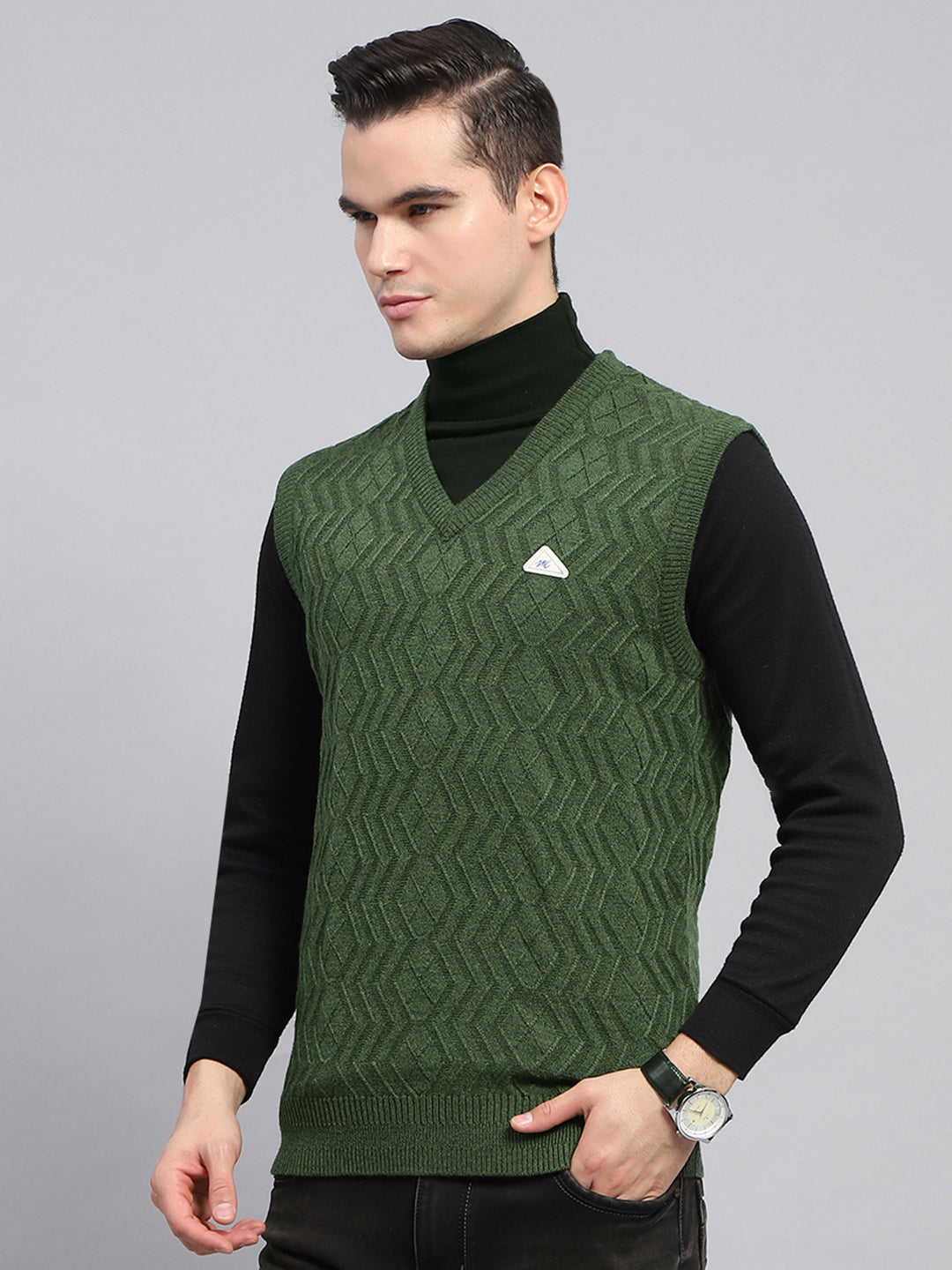 Men Olive Self Design V Neck Sleeveless Sweater