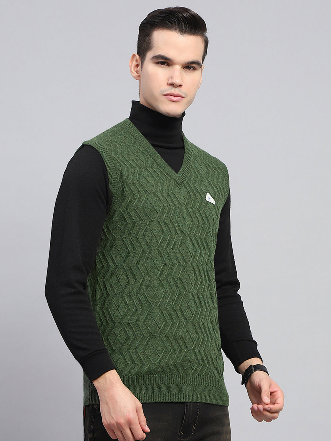 Men Olive Self Design V Neck Sleeveless Sweater