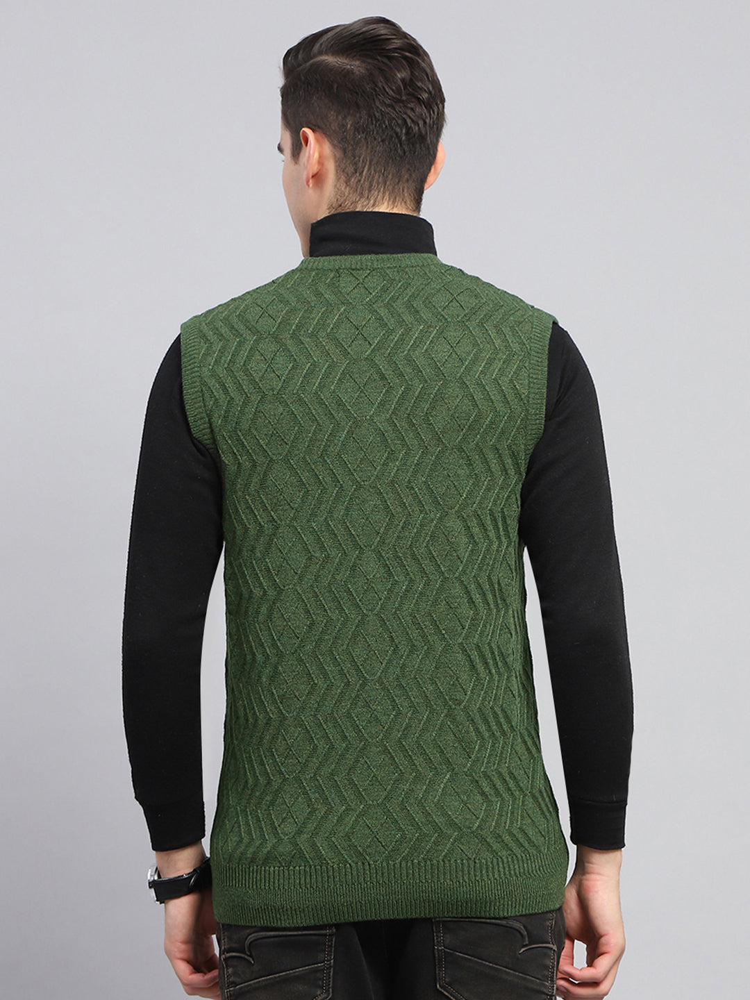 Men Olive Self Design V Neck Sleeveless Sweater