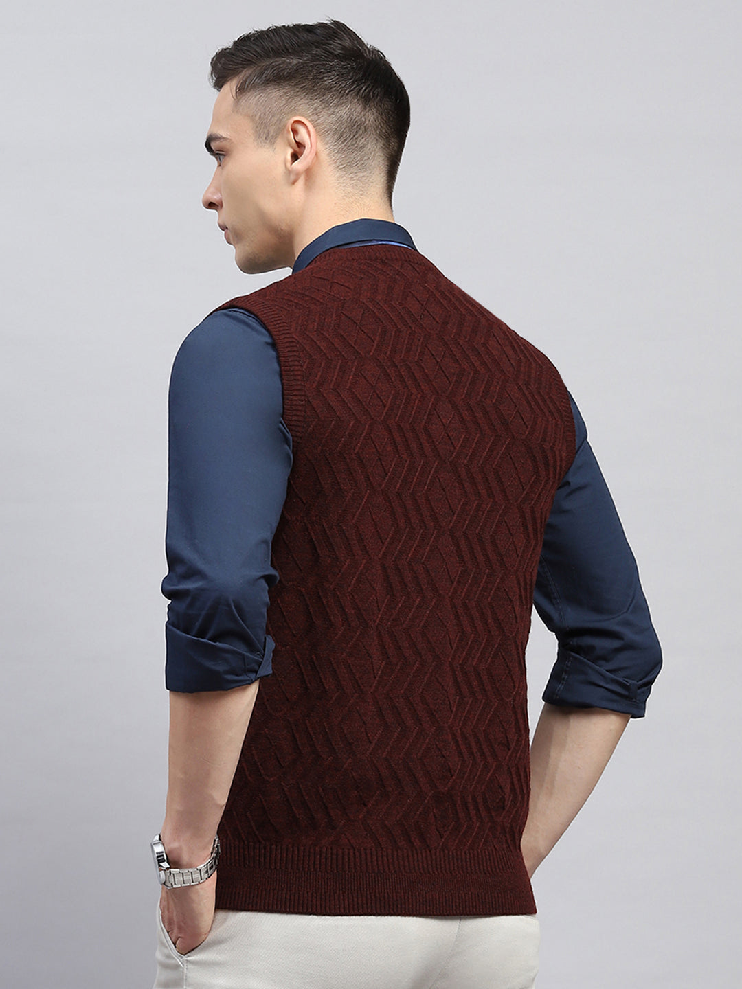 Men Maroon Self Design V Neck Sleeveless Sweater