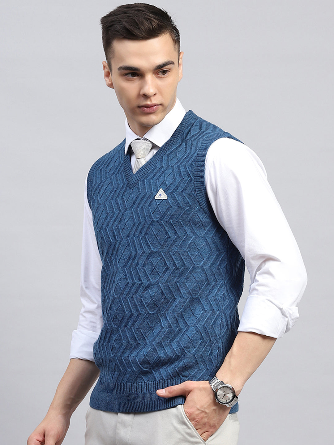 Men Blue Self Design V Neck Sleeveless Sweater