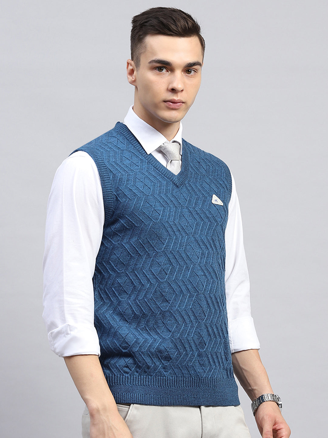 Men Blue Self Design V Neck Sleeveless Sweater