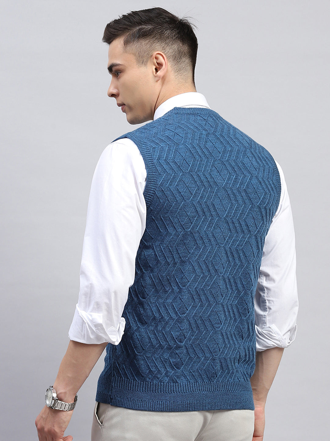 Men Blue Self Design V Neck Sleeveless Sweater