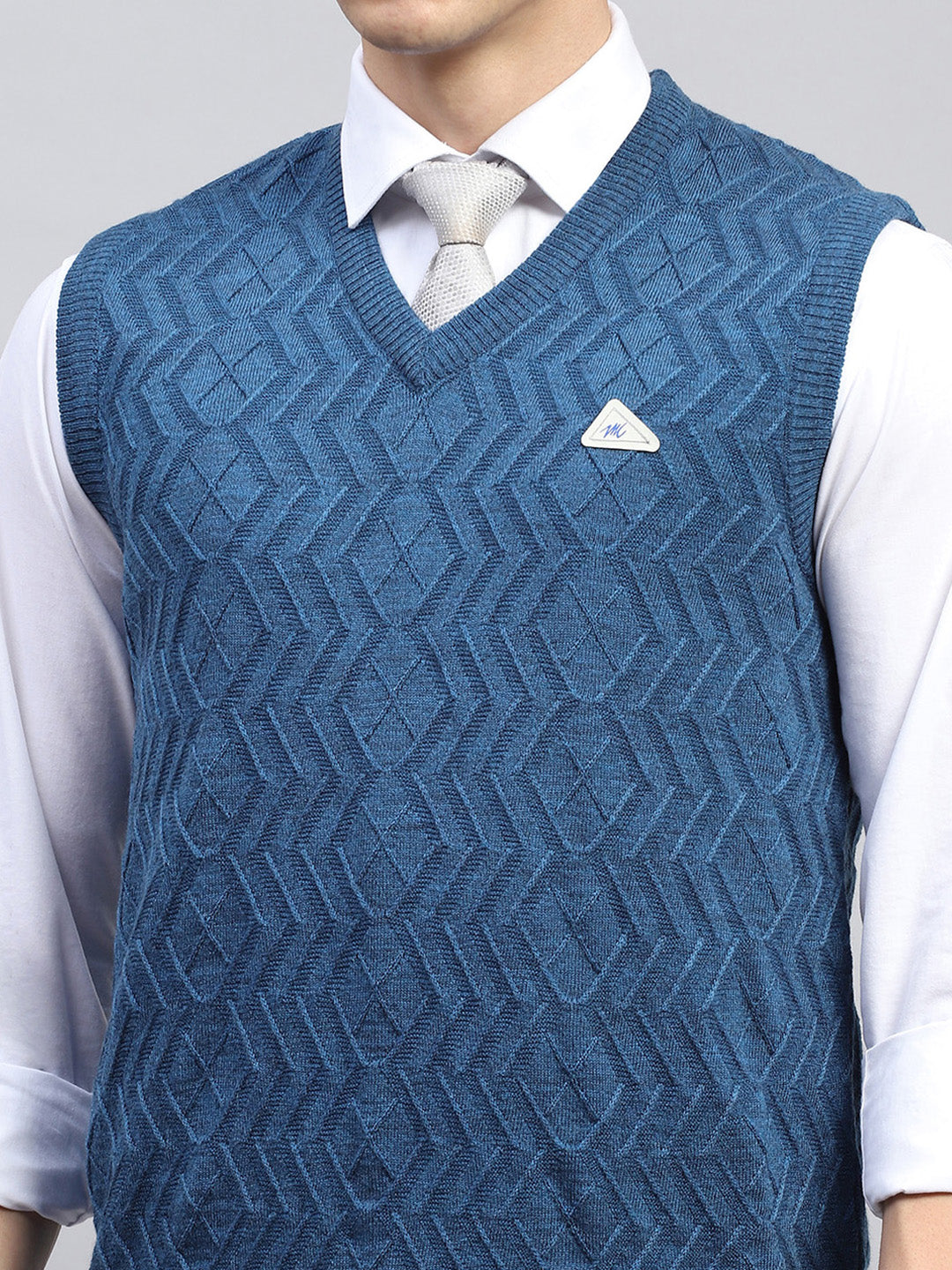 Men Blue Self Design V Neck Sleeveless Sweater