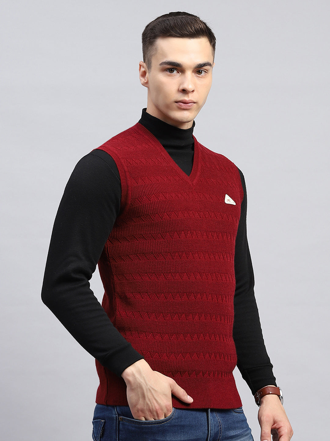 Men Maroon Self Design V Neck Sleeveless Sweater