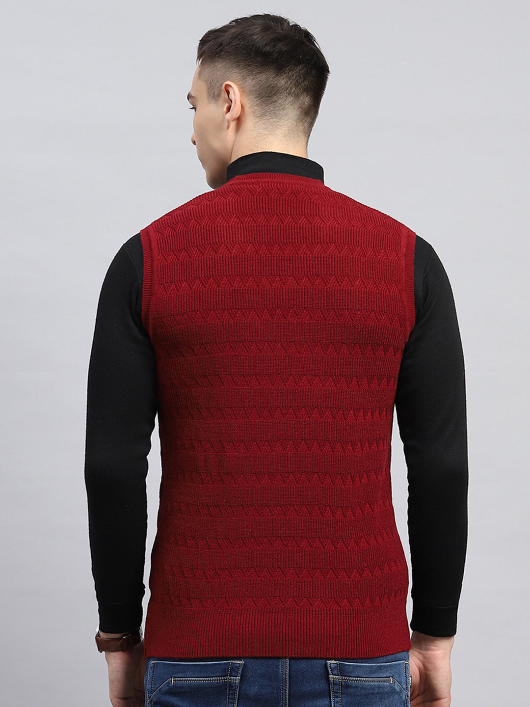 Men Maroon Self Design V Neck Sleeveless Sweater