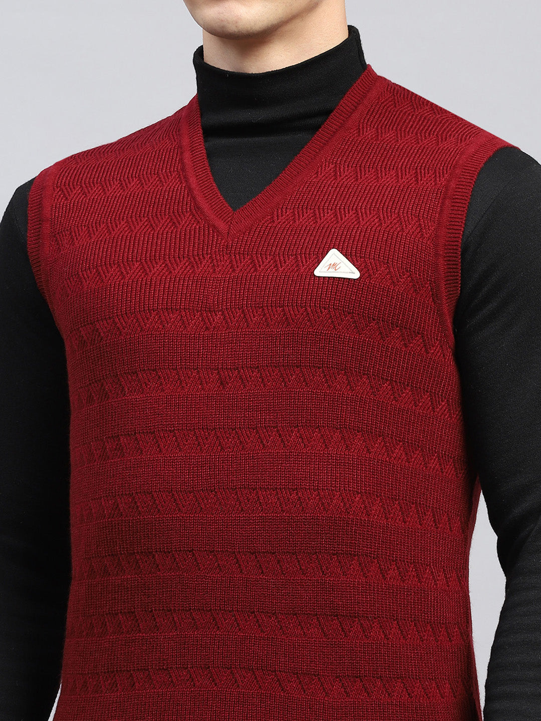 Men Maroon Self Design V Neck Sleeveless Sweater