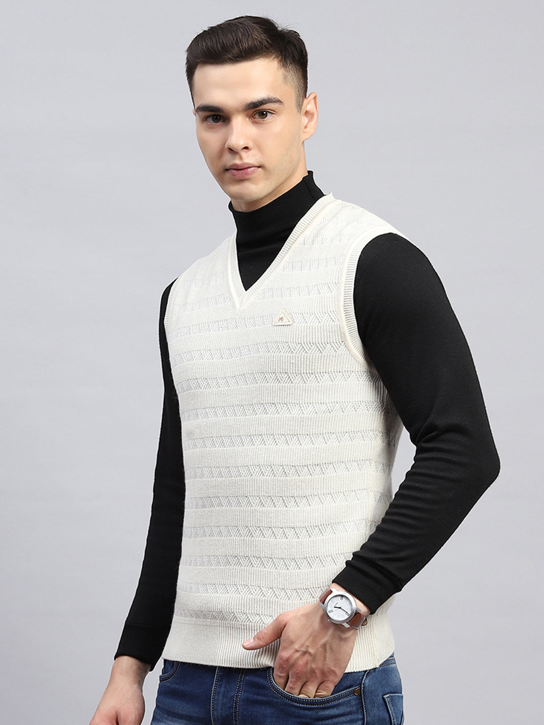 Men Off White Self Design V Neck Sleeveless Sweater