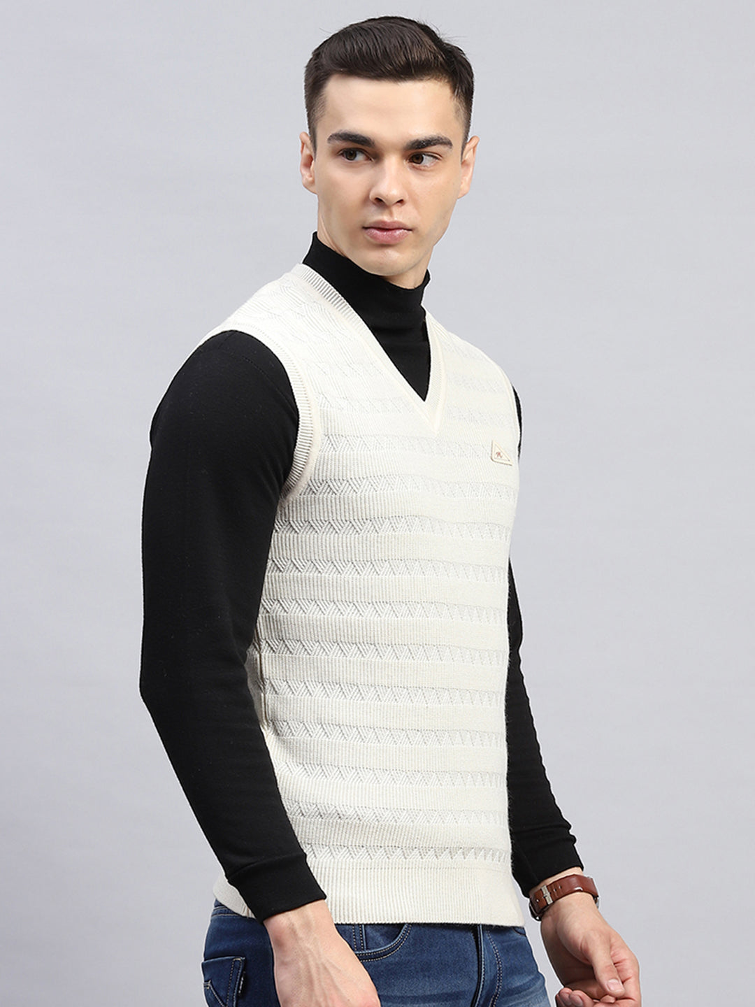 Men Off White Self Design V Neck Sleeveless Sweater