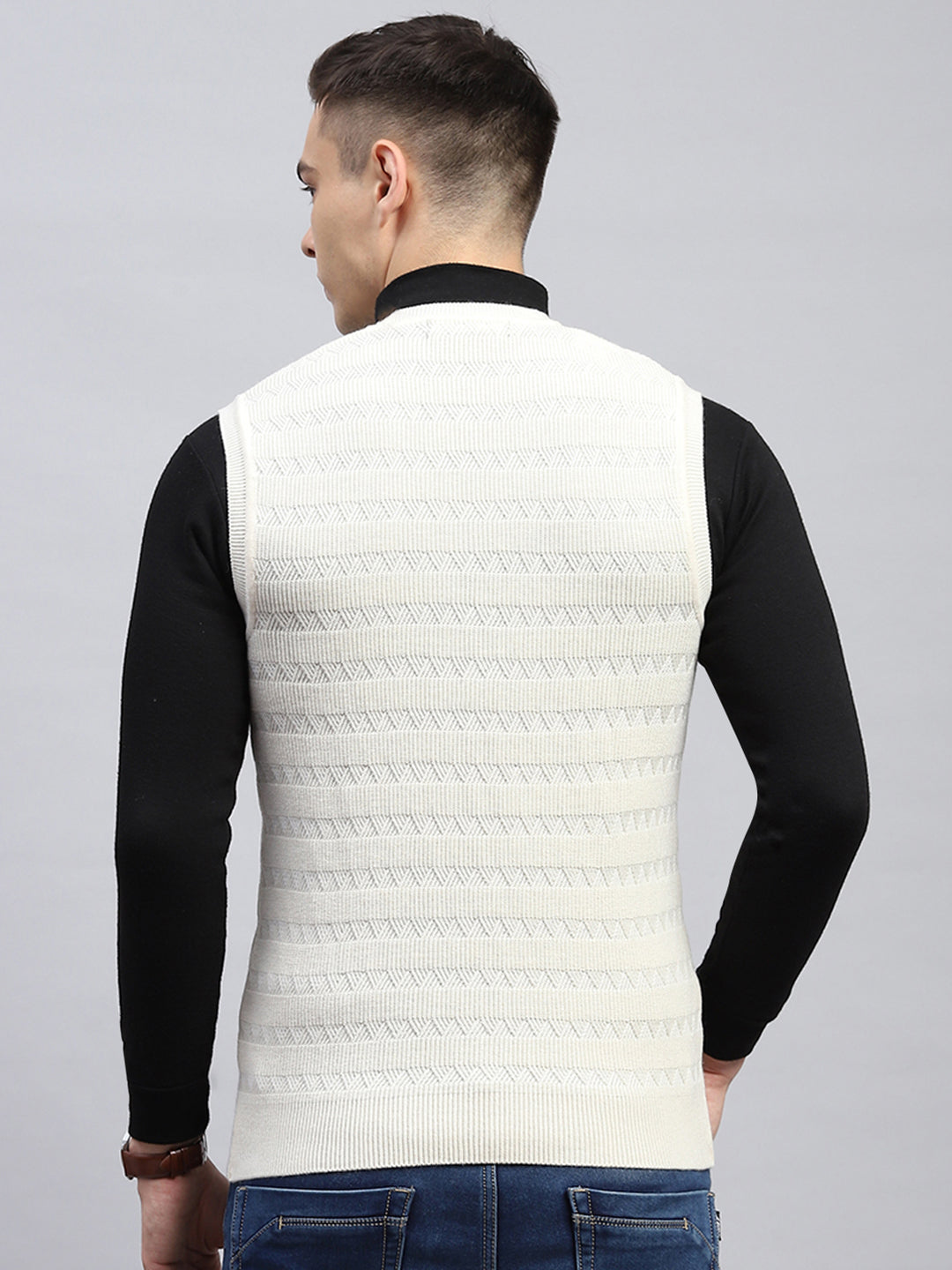 Men Off White Self Design V Neck Sleeveless Sweater