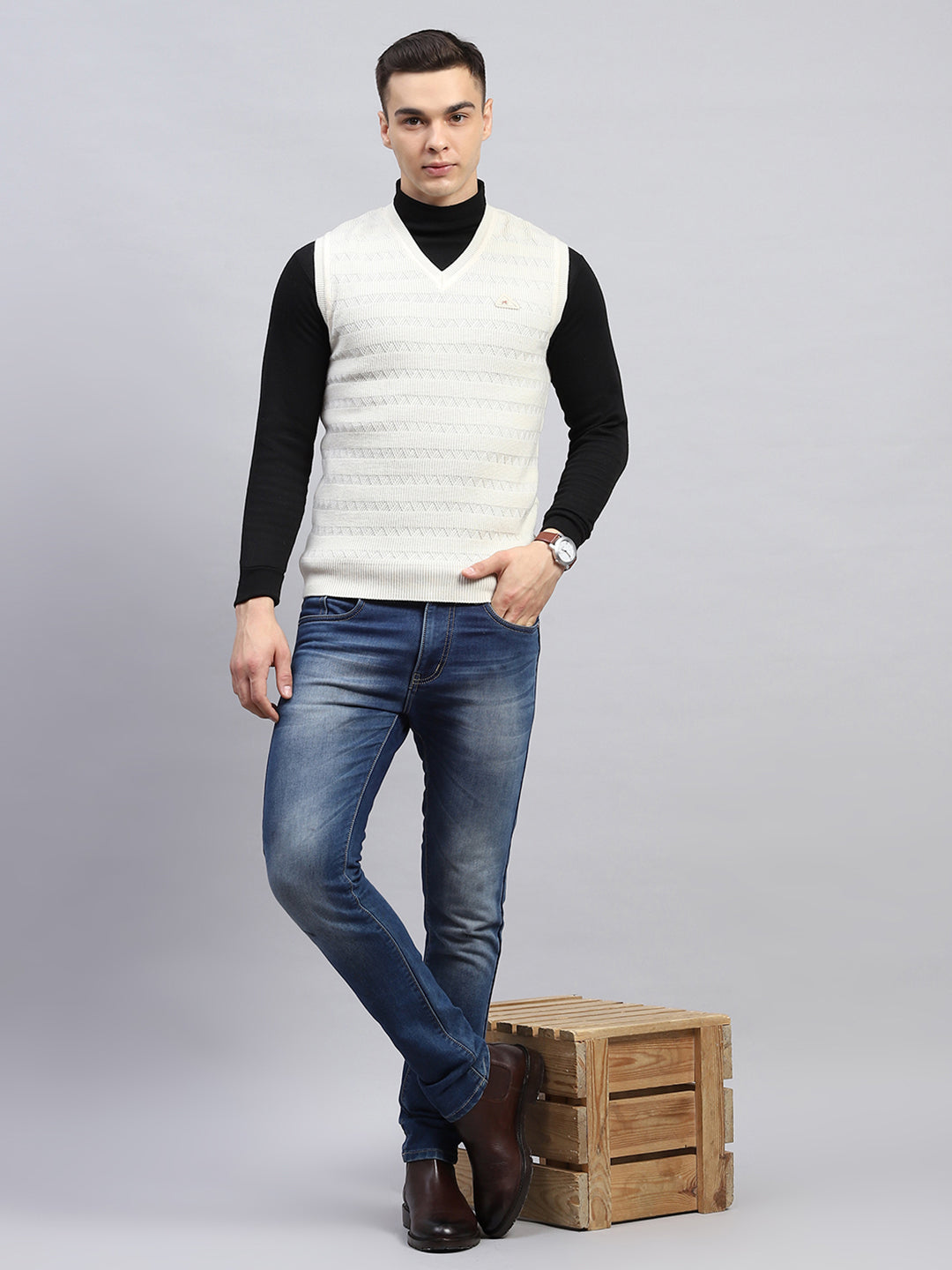 Men Off White Self Design V Neck Sleeveless Sweater