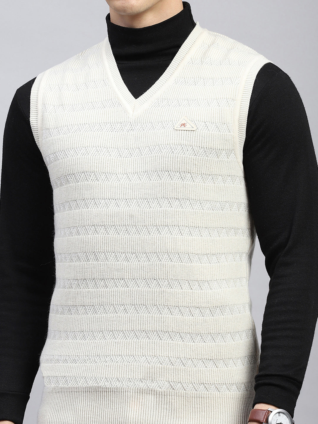 Men Off White Self Design V Neck Sleeveless Sweater