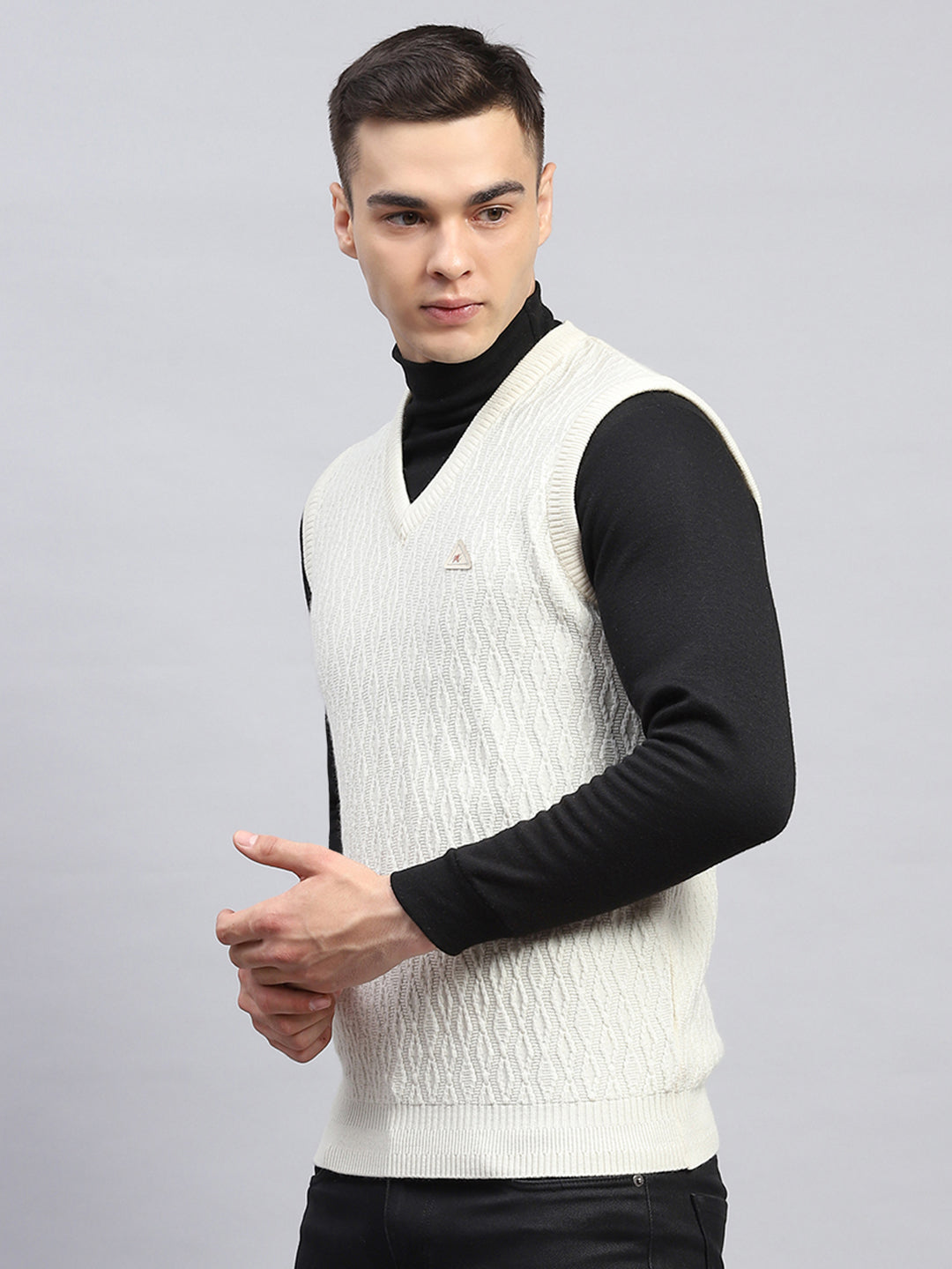 Men Off White Self Design V Neck Sleeveless Sweater