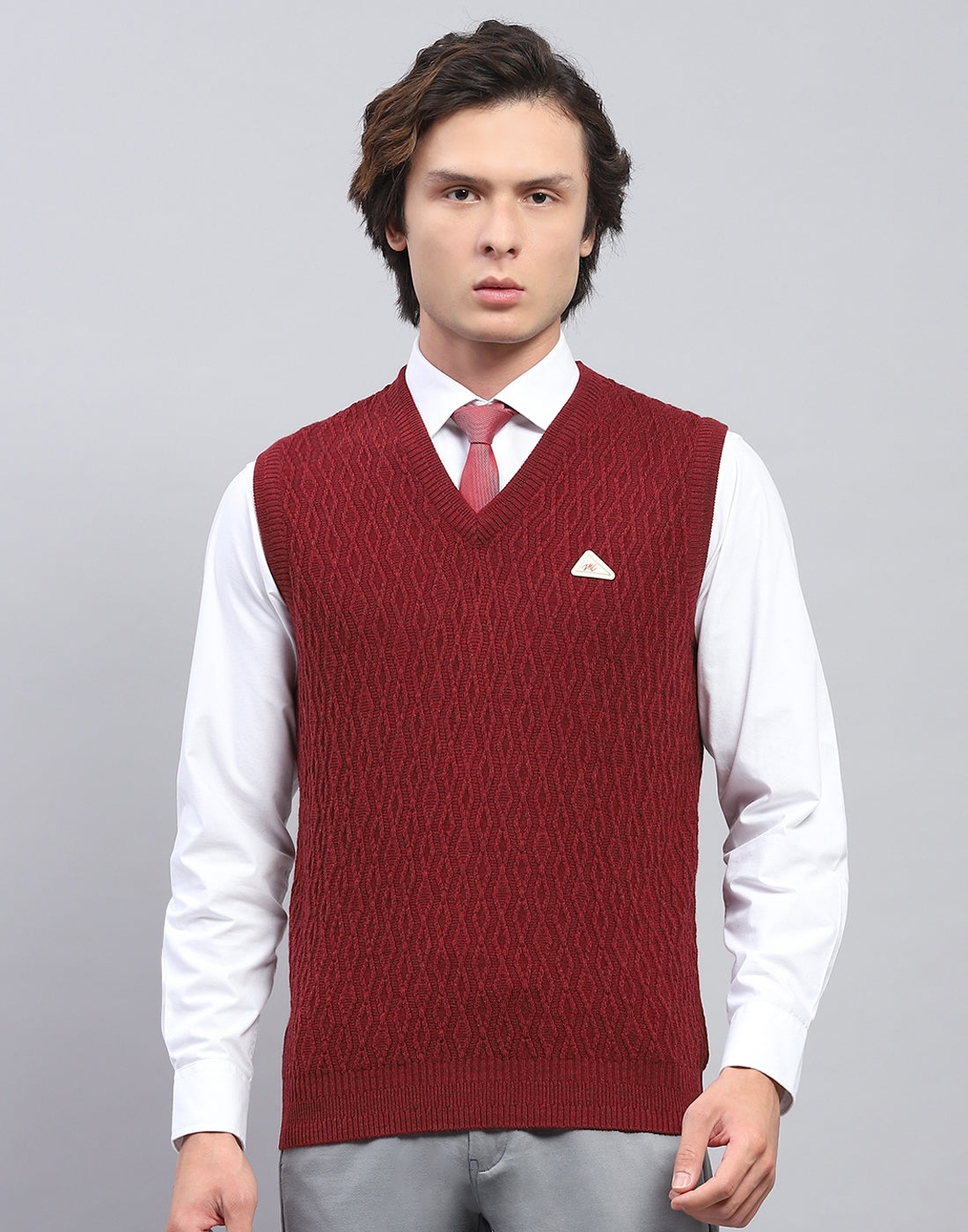 Men Maroon Self Design V Neck Sleeveless Sweater