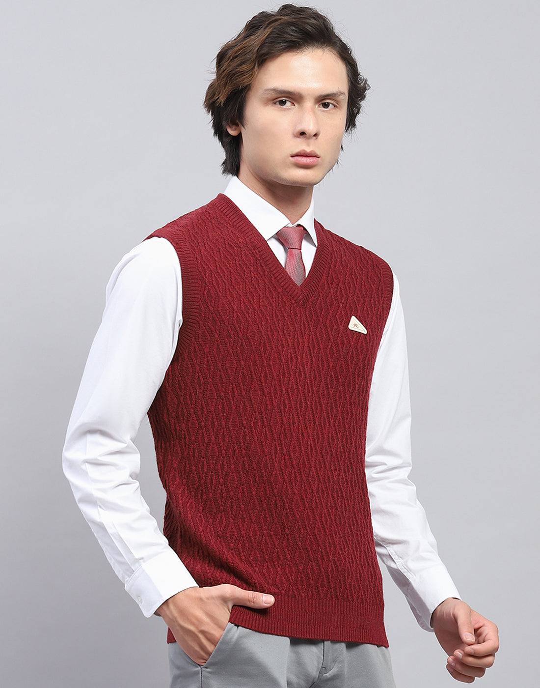 Men Maroon Self Design V Neck Sleeveless Sweater