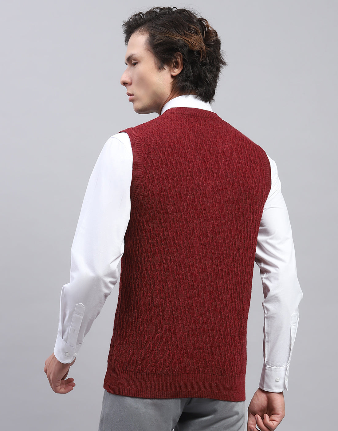 Men Maroon Self Design V Neck Sleeveless Sweater