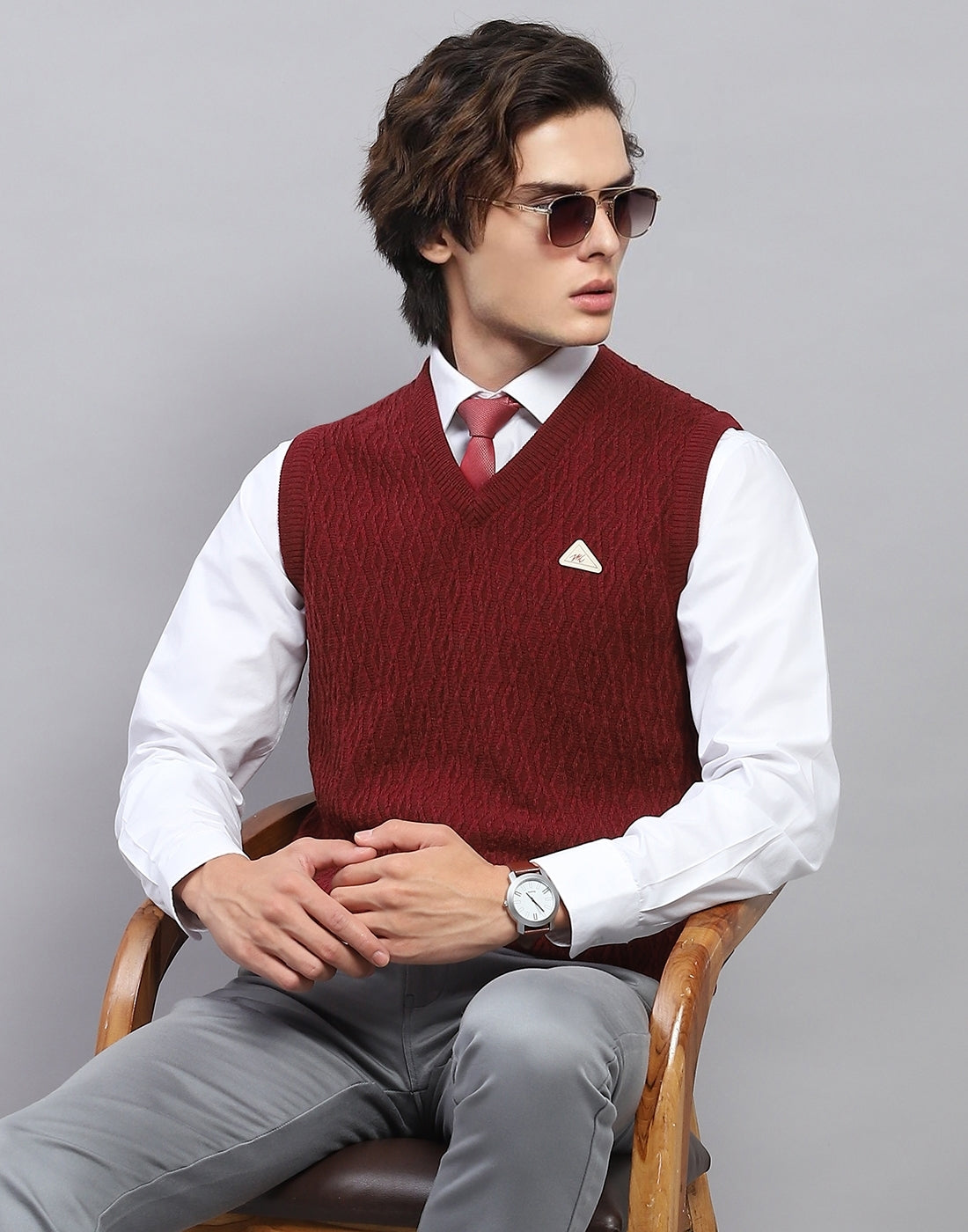 Men Maroon Self Design V Neck Sleeveless Sweater