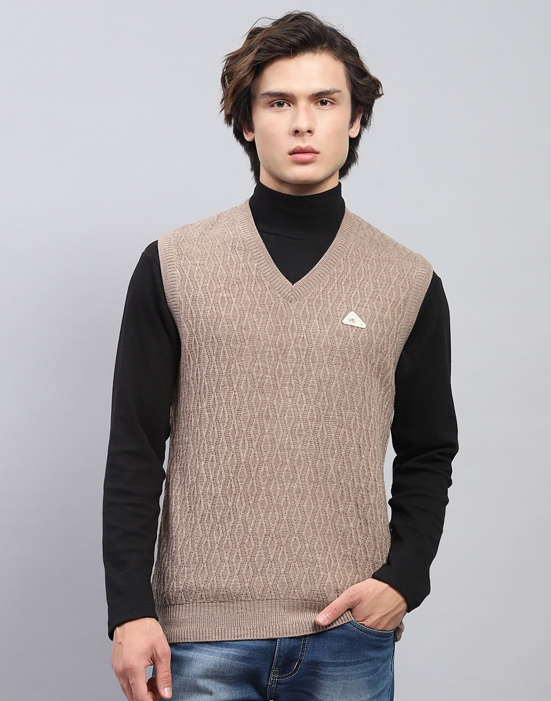 Men Beige Self Design V Neck Sleeveless Sweater