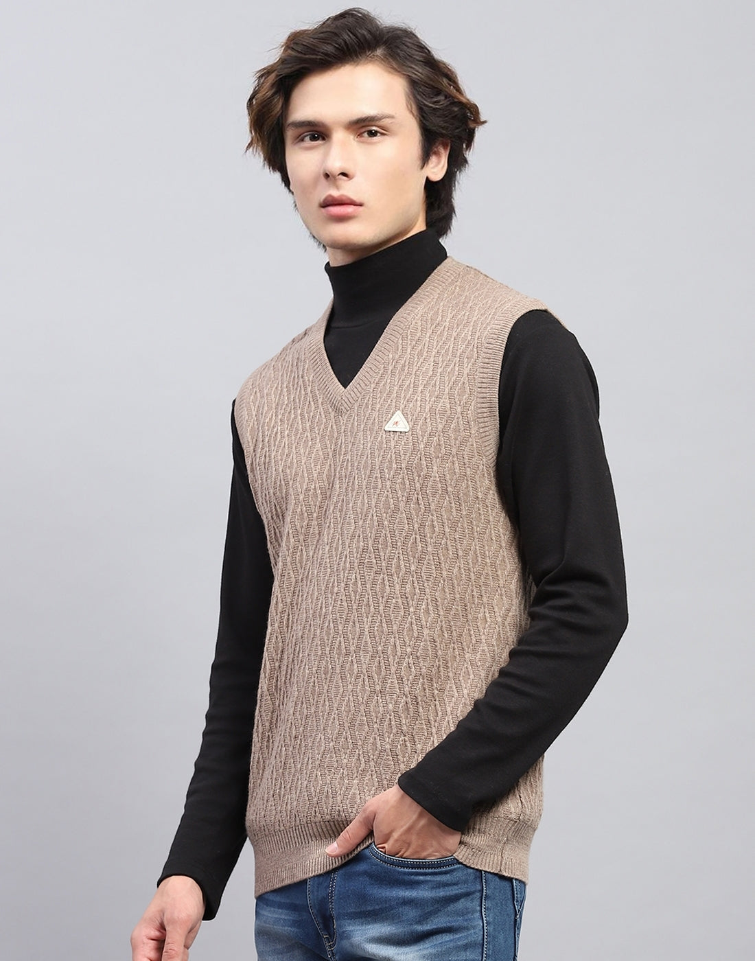 Men Beige Self Design V Neck Sleeveless Sweater