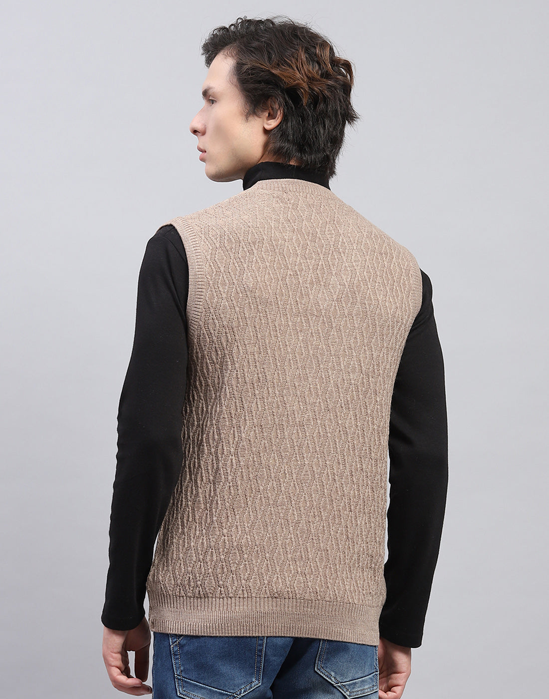 Men Beige Self Design V Neck Sleeveless Sweater