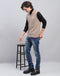 Men Beige Self Design V Neck Sleeveless Sweater