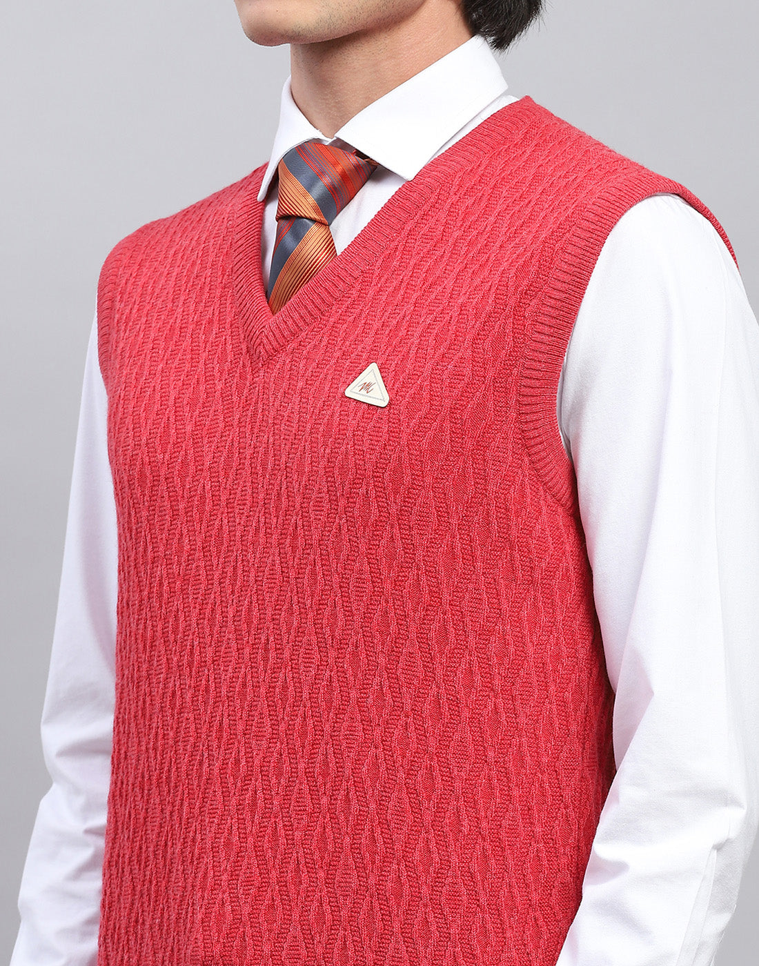 Men Red Self Design V Neck Sleeveless Sweater