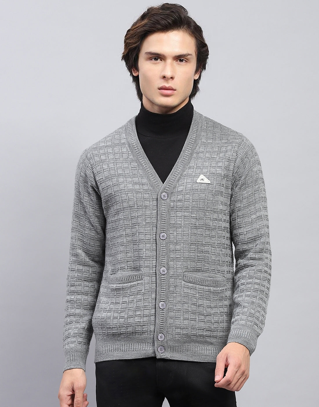 Men Grey Self Design V Neck Full Sleeve Cardigan