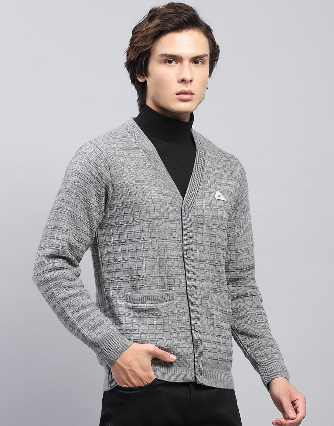 Men Grey Self Design V Neck Full Sleeve Cardigan