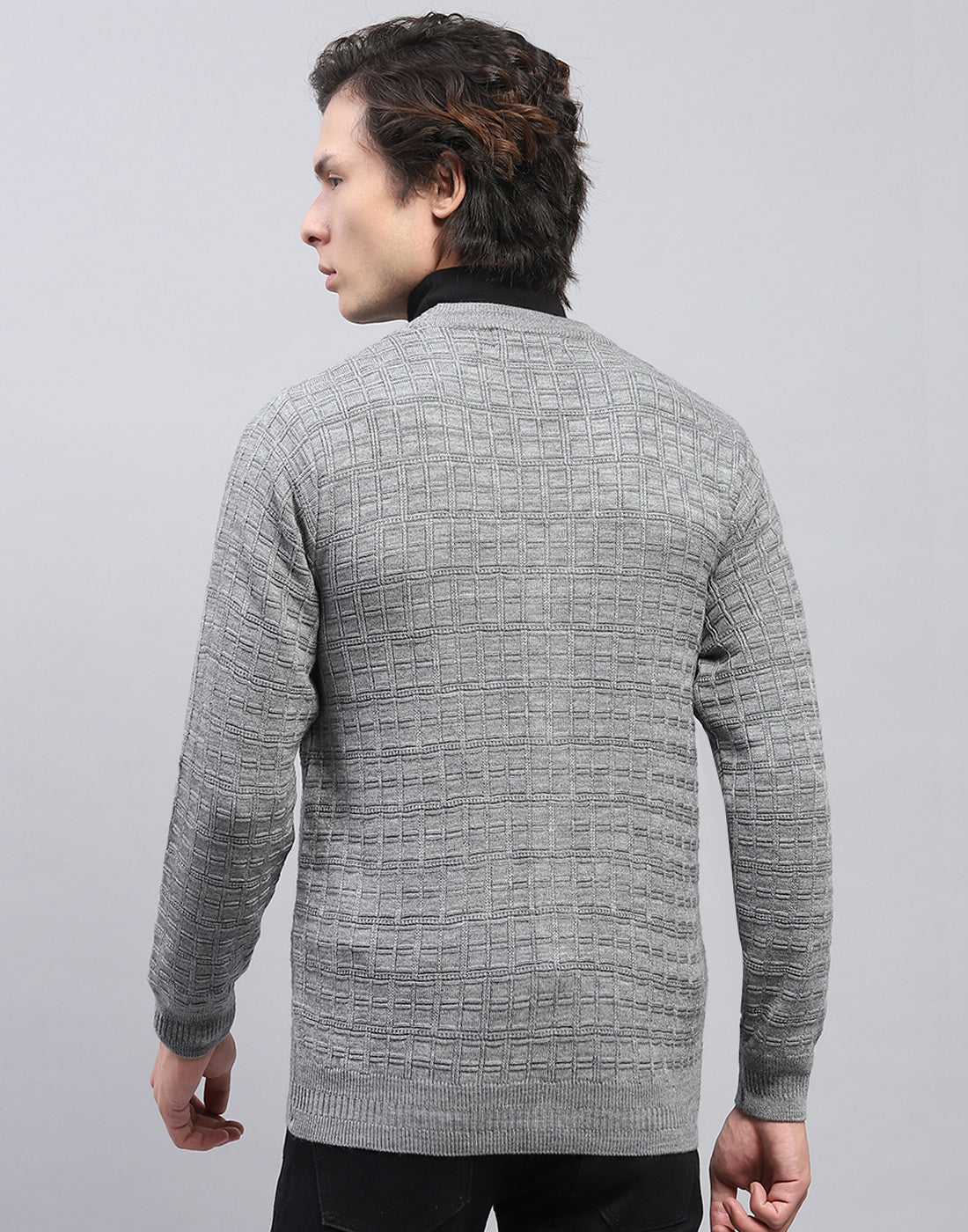 Men Grey Self Design V Neck Full Sleeve Cardigan