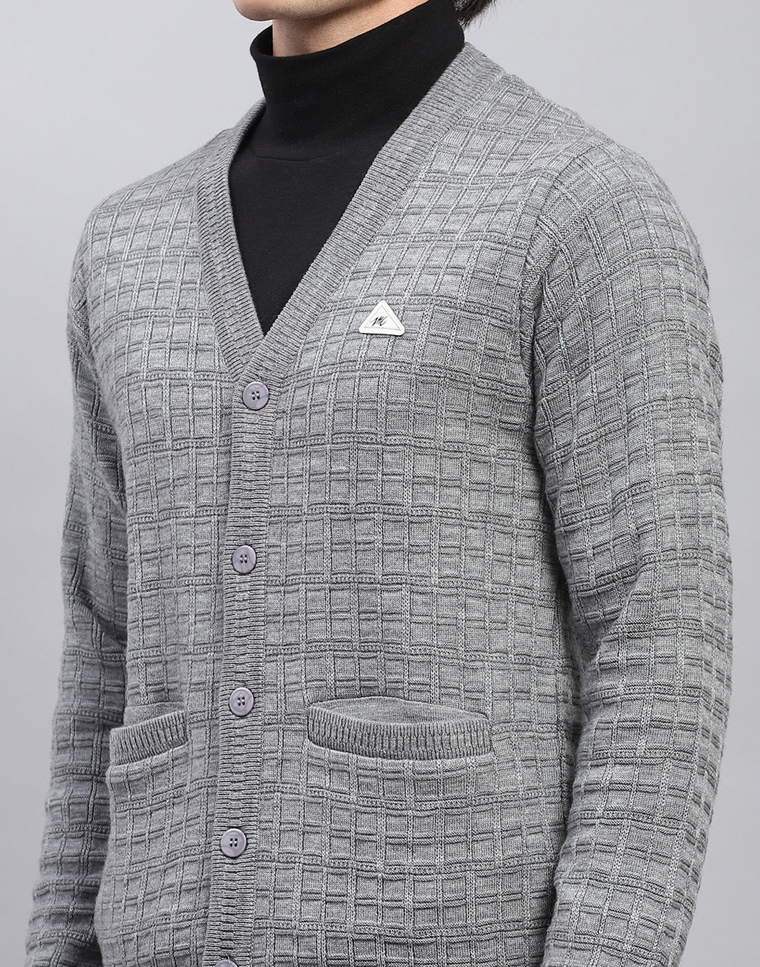 Men Grey Self Design V Neck Full Sleeve Cardigan