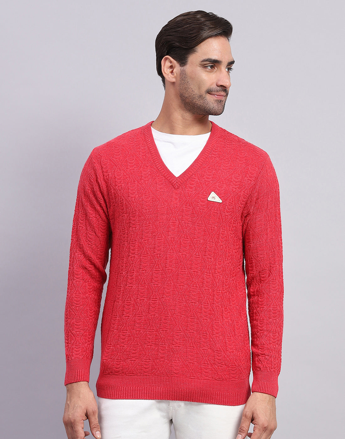 Men Pink Self Design V Neck Full Sleeve Pullover