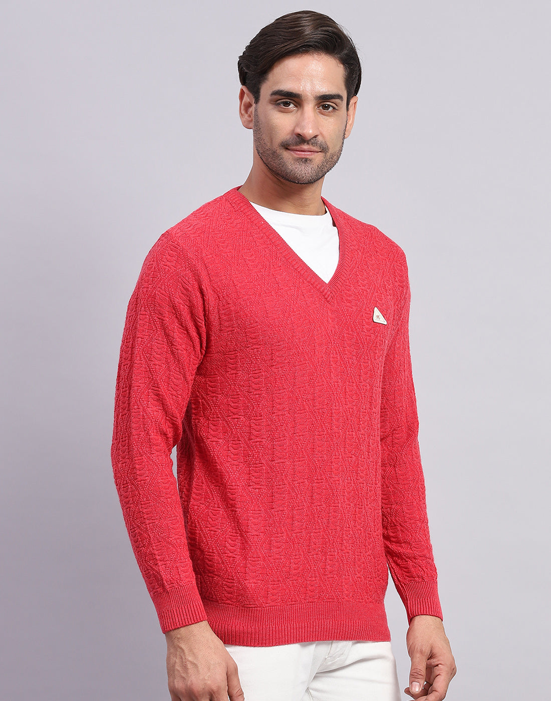 Men Pink Self Design V Neck Full Sleeve Pullover