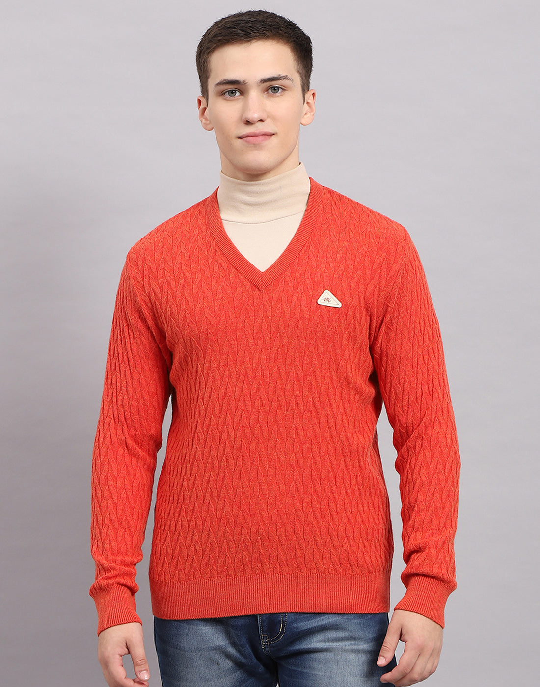 Men Orange Self Design V Neck Full Sleeve Pullover