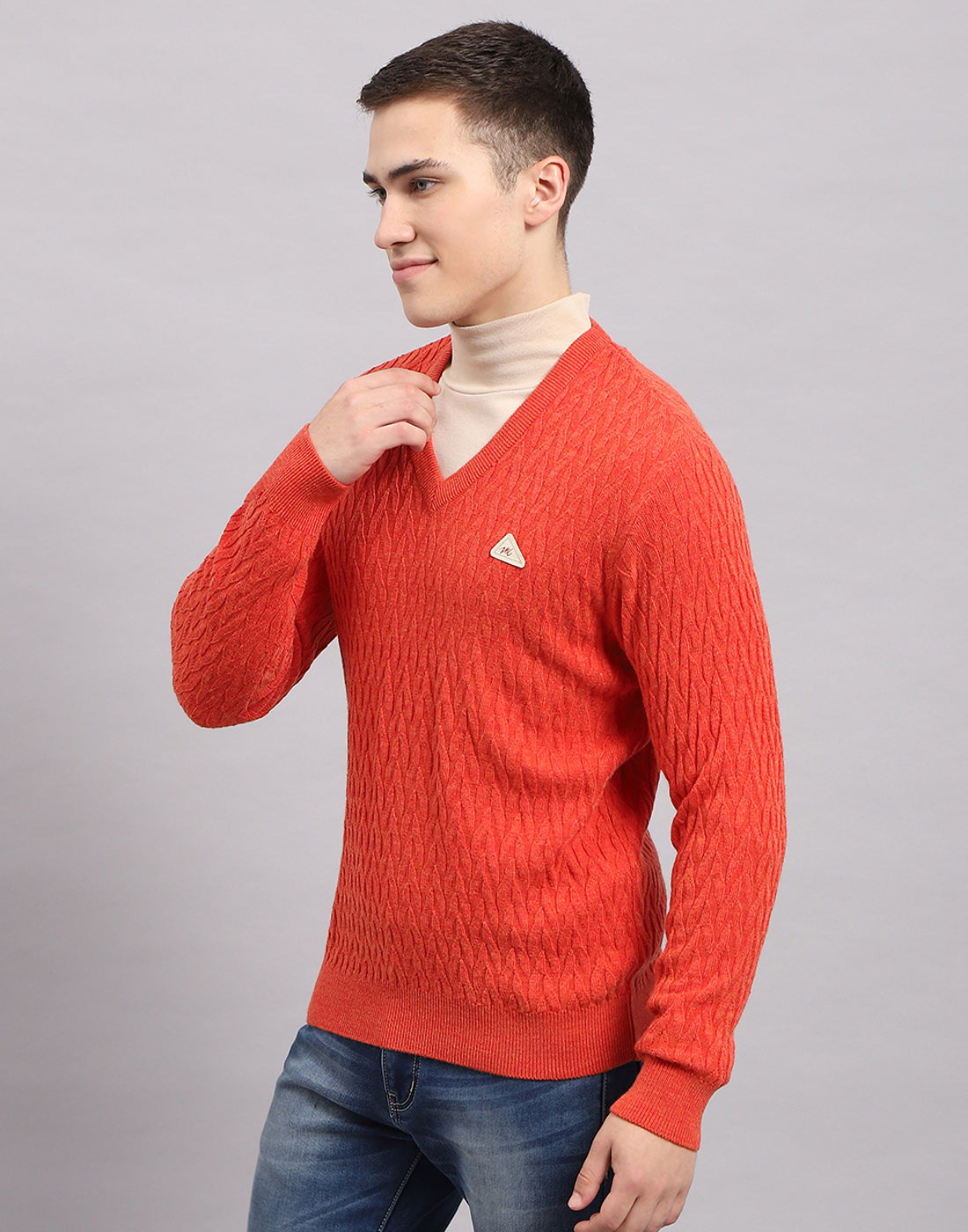 Men Orange Self Design V Neck Full Sleeve Pullover