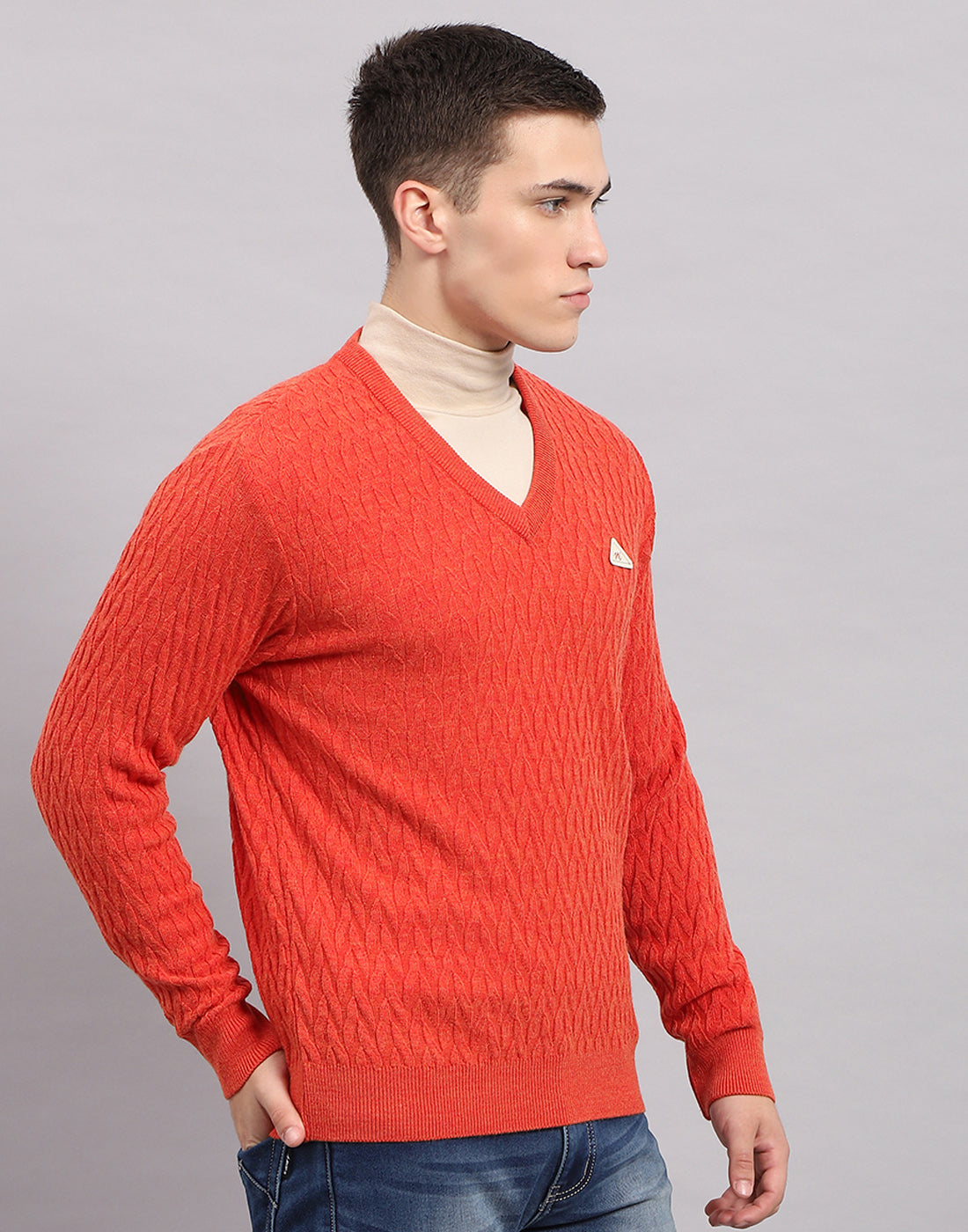 Men Orange Self Design V Neck Full Sleeve Pullover