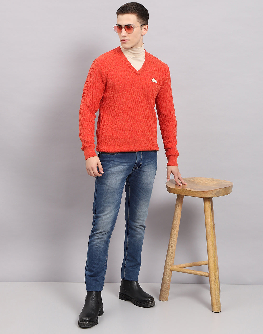 Men Orange Self Design V Neck Full Sleeve Pullover