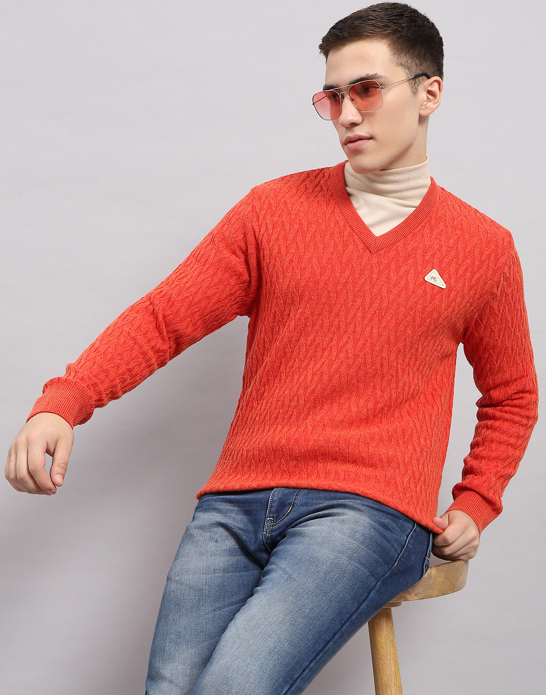 Men Orange Self Design V Neck Full Sleeve Pullover