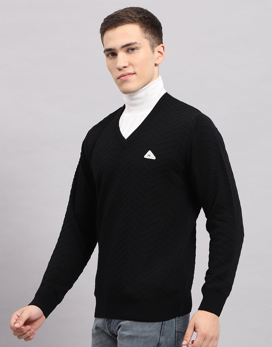 Men Black Self Design V Neck Full Sleeve Pullover