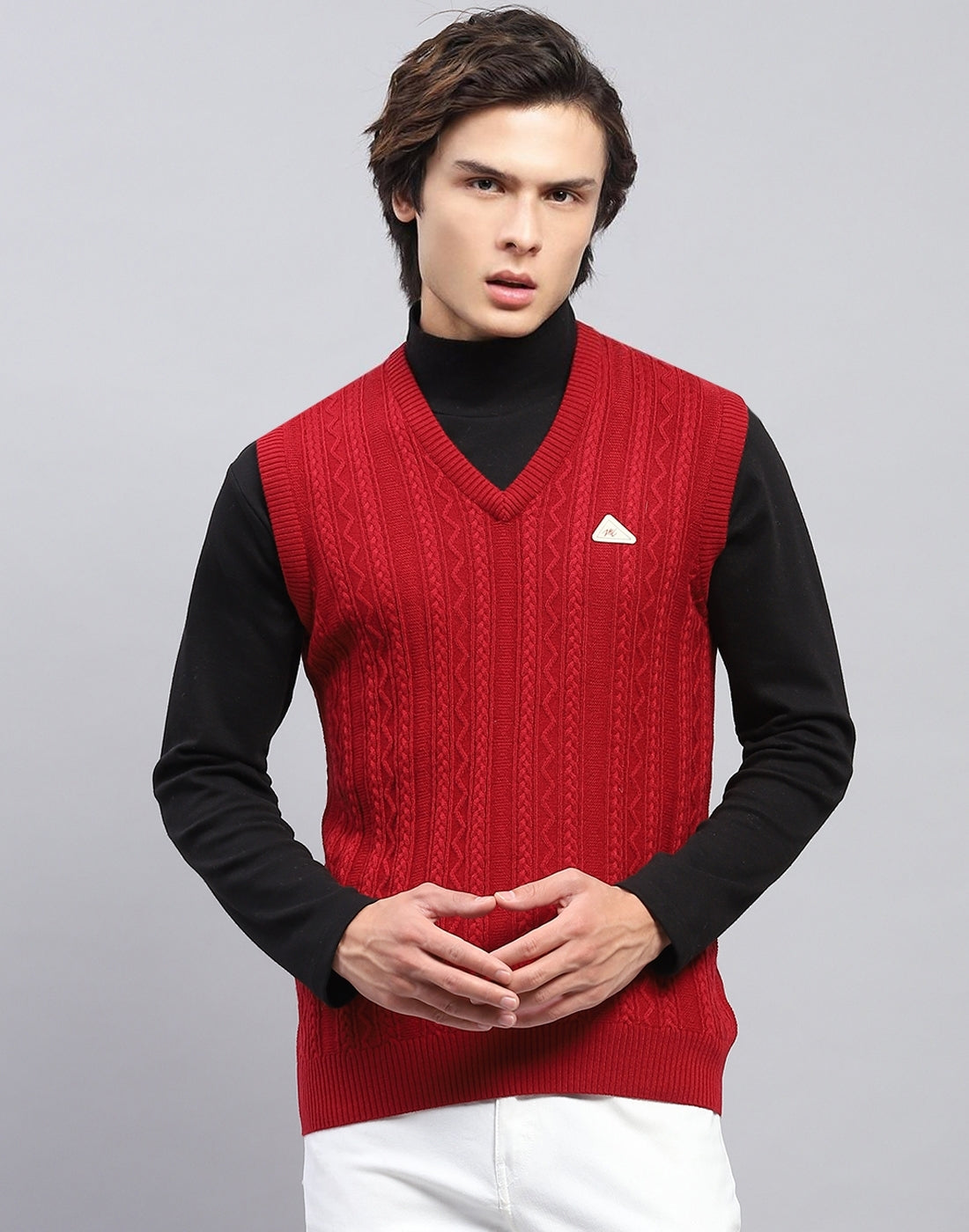 Men Red Self Design V Neck Sleeveless Sweater